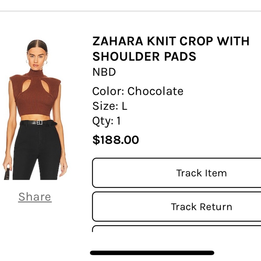 ZAHARA KNIT CROP WITH
SHOULDER PADS
NBD
Color: Chocolate